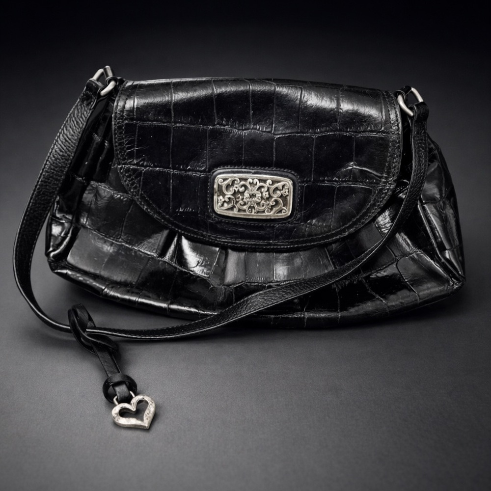 Brighton Black Croc-Embossed Shoulder Bag
